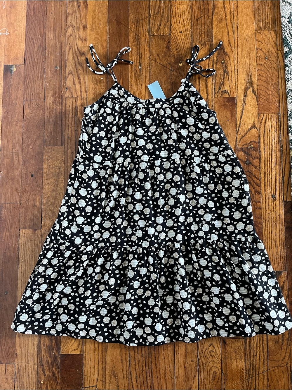 LOFT Black and White Floral Tie-Shoulder Mini Dress